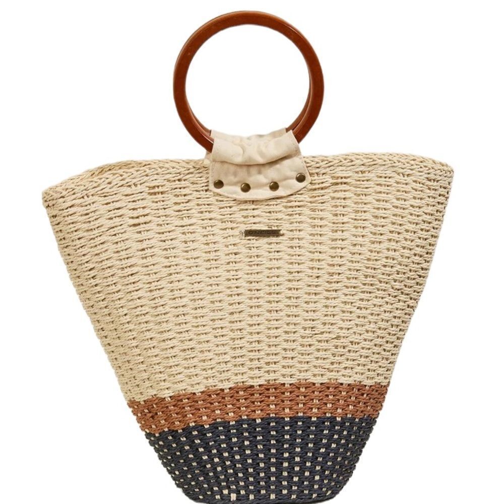 NEW O’Neill Straw Bag Woven Colorblock Tote Purse Round Wooden Handles Boho